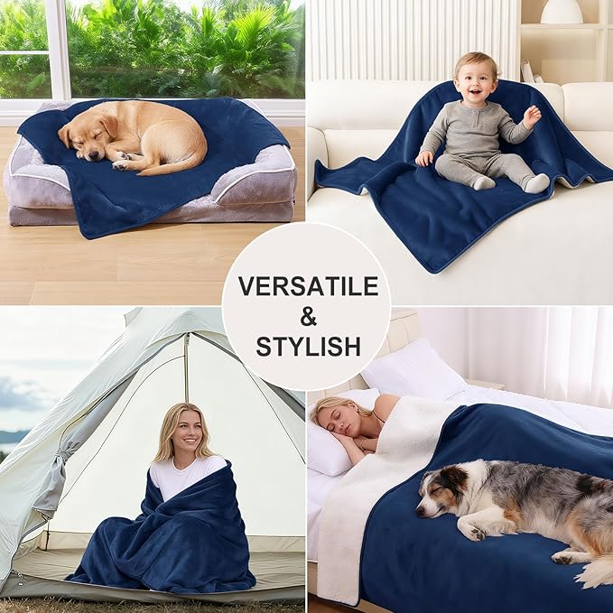 Smiry Waterproof Dog Bed Blanket, Leakproof Pet Throw Blanket for Bed Couch Sofa, Reversible Sherpa Fleece Furniture Protector Cover for Small Medium Large Dogs Cats (Navy Blue, 60x80 inches)