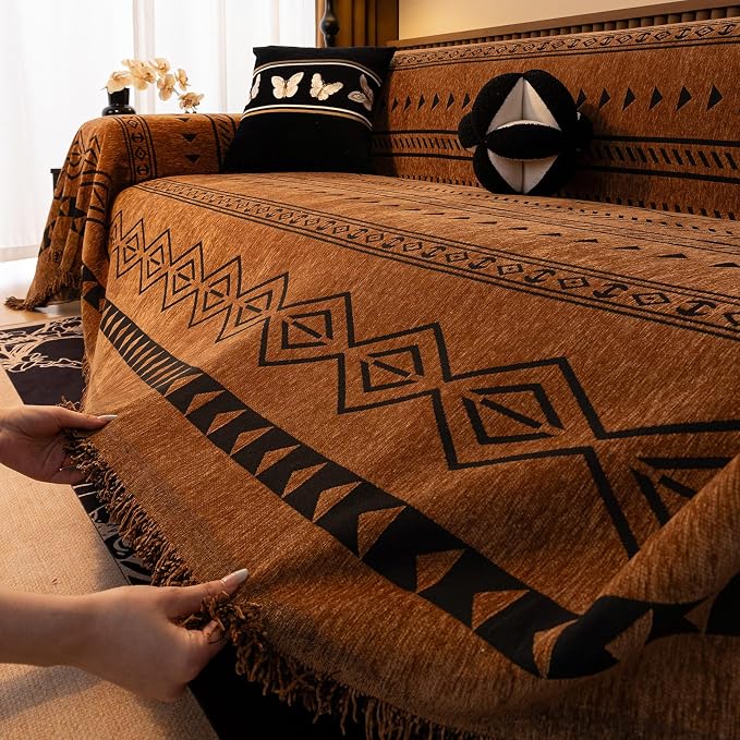 VClife Bohemian Couch Cover for Dog, Plush Thick Chenille Aztec Couch Cover for 2 Cushion Couch Sofa Pet Friendly Sofa Slipcover with Tassel 71"X118"