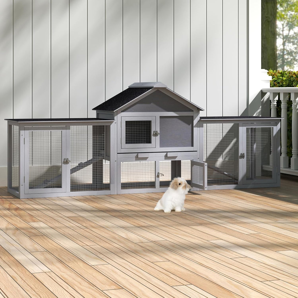 82.5” Large Wooden Rabbit Hutch Outdoor Easy to Assemble Rabbit Cage and Durable Bunny Hutch Indoor with Cleaning Tray & Waterproof Roof for Small and Medium Bunny Rabbit Chick (Grey)