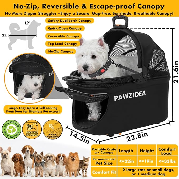 PAWZIDEA 4-in-1 Pet Stroller for Small Medium Dogs & Cats, Foldable Dog Stroller with Detachable Carrier, Escape-Proof No-Zip Canopy, Lightweight Portable Travel Crate & Car Seat Combo, Storage Basket