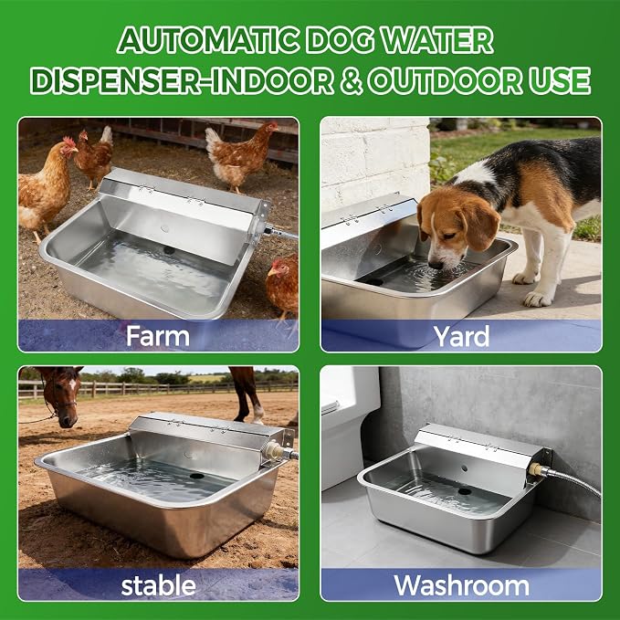 Automatic Dog Water Dispenser with Drain Hole, 304 Stainless Steel Auto Water Dog Bowl with Float Valve, Hose Quick Connect Fitting, Automatic Livestock Waterer for Horse, Chicken (4 Gallons)