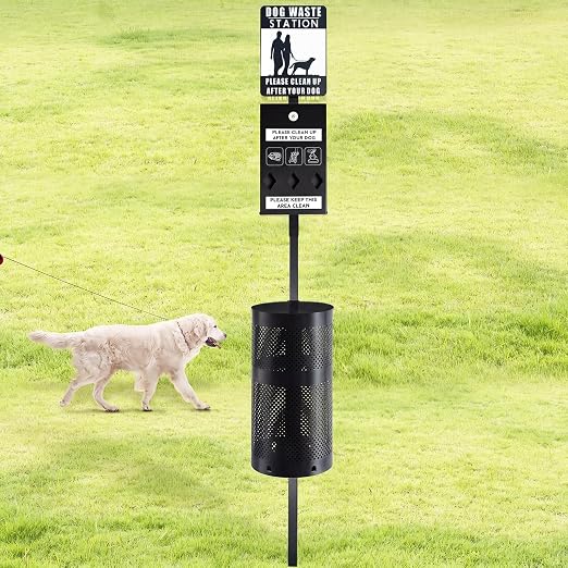 Qinyoung Dog Waste Station Galvanized Steel Outdoor Pet Bin with Poop Bag Dispenser Reflective Sign Rust Proof for Backyard Commercial Park (Black)