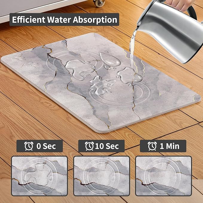 Diatomite Stone Pet Feeding Mat for Dog Cat Super Absorbent Diatomite Quick Drying Stone Dog Food Water Mat, Dog Mats for Food and Water with Non-Slip Station, Fast Dry Pet Mats,Marble White