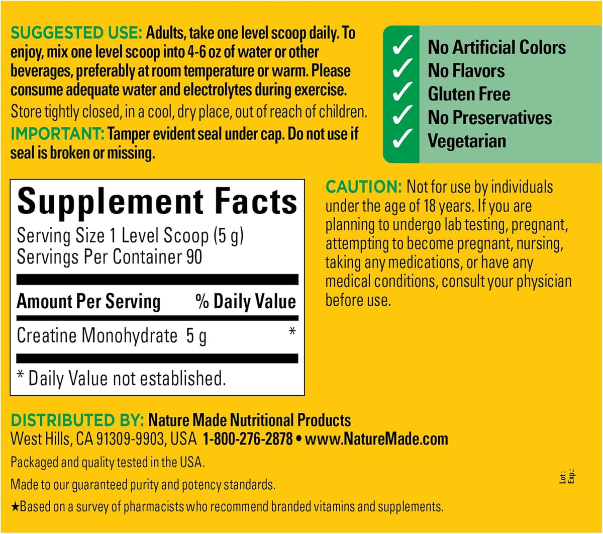 Nature Made Creatine Monohydrate Powder 5 g per Serving, Unflavored Drink Mix Powder, Muscle Support, 450 g, 90 Day Supply