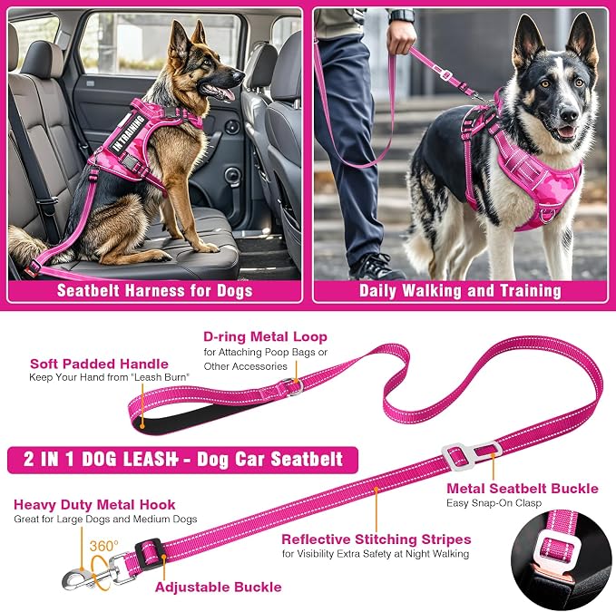 Tactical Dog Harness and Leash Set with 10 Patches for Large Dogs | Heavy Duty No Pull Service Dog Vest with Dog Seat Belt ,Adjustable Reflective Easy Walk for Training Hiking Camo Pink L
