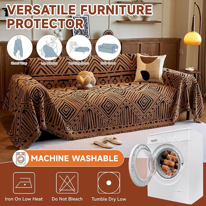 VClife Boho Couch Covers Washable Sofa Cover for Sofa, Luxury Sectional Couch Cover Chenille for 3 Cushion Couch, Anti Slip Pet Sofa Slipcover Dog Couch Cover Throw, Black Pumpkin Geometry, 71"x134"
