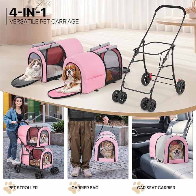 MoNiBloom Double Dog Stroller for Small and Medium Dog Cats, Pink/Gray | Pet Stroller with Detachable Carrier Bags Large 4 Wheels Foldable Jogger for Small and Medium Dog Cats