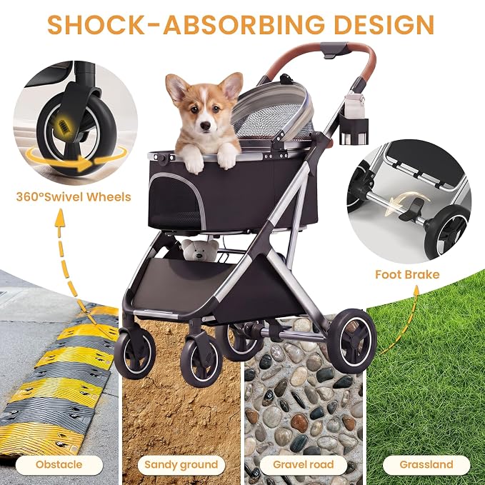 Dog Strollers for Small Medium Dogs Cats 44 lbs,3-in-1 Detachable Pet Carrier Stroller,4 Wheels One-Hand Fold Travel Carriage with Storage Basket,Pet Pad,Cup Holder,Khaki