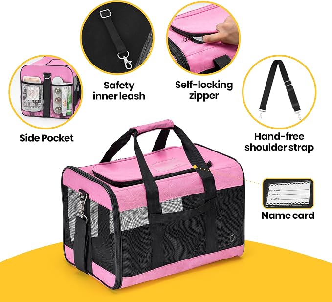 Conlun Dog Carrier Soft Sided, Large Cat Carrier with Inner Safety Leash, Pet Transport Carrier for Large Cats and Medium Dogs up to 20 Lbs, Collapsible Travel Puppy Carrier Bag -Pink L