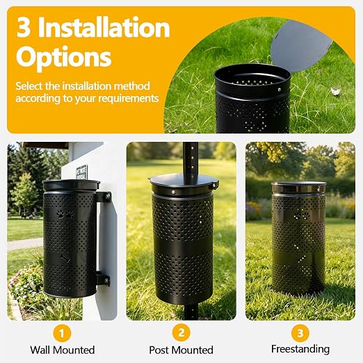 10 Gallon Galvanized Dog Waste Trash Can, Black | Durable galvanized steel pet waste bin with wall post and ground installation options, ideal for parks, yards and communities