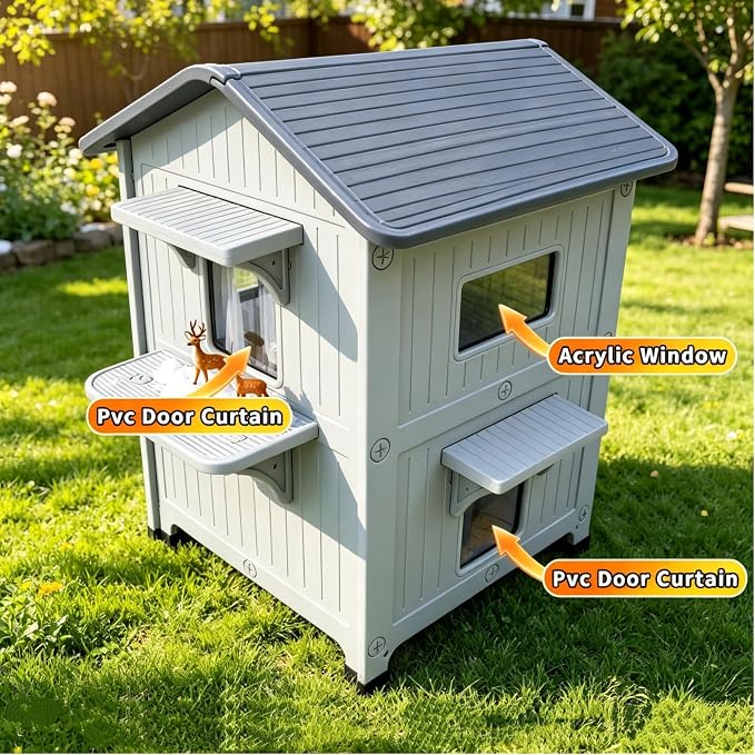 Outdoor Cat House 2 Story HDPE Weatherproof for Feral Cat, Grey with Mat | 21.5" D x 21" W x 34" H, Plastic Elevated Insulated Cat Shelter with Escape Door, Easy Clean & Assemble, Expansive Interior‌