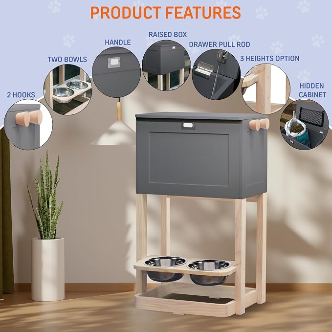 Raised Pet Feeder Station with Soft-Close Lid, 7" Angled Bowls – Waterproof Wooden Dog Storage Organizer for Large & Small Dogs – Modern Design (Gray)