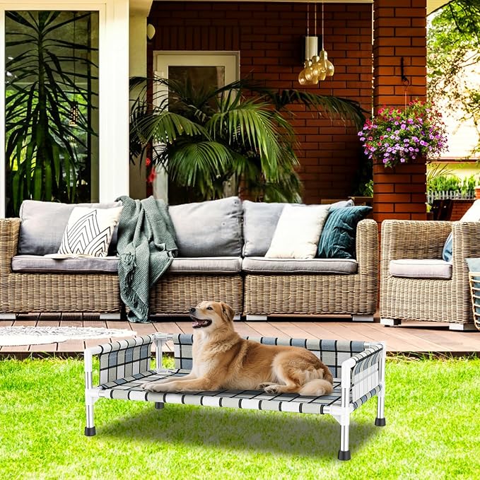 Elevated Dog Bed with with Guardrail, Raised 3-Fence Dog Hammock Bed | Breathable Lifted Stainless Steel Frame Dog Bed for Medium Pets, Cooling Washable Dog Cot