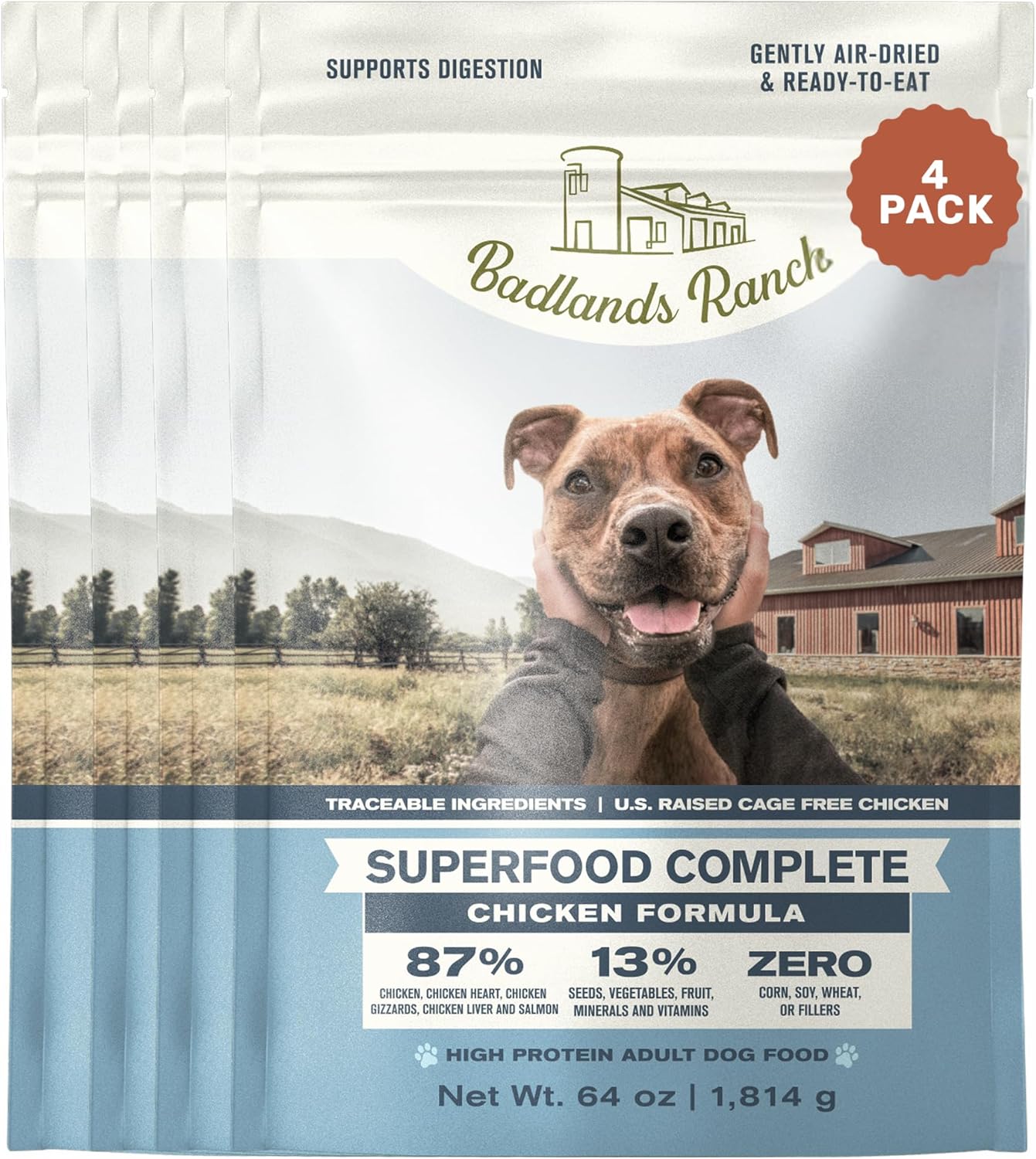 BADLANDS RANCH by Katherine Heigl- Superfood Complete, Air-Dried Adult Dog Food - High Protein, Zero Fillers, Superfood Nutrition (64 Ounce (Pack of 4), Chicken)