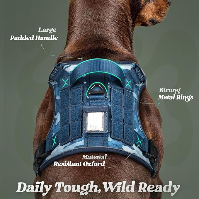 rabbitgoo Tactical Dog Harness Medium Sized, No Pull Service Pet Vest | Military Molle System & Easy Control Handle, Adjustable and Reflective for Walking and Training, Blue Camo, Medium