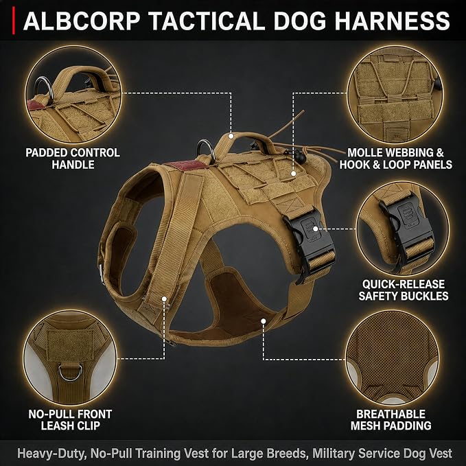 Tactical Dog Harness - Heavy Duty, No-Pull Training Vest for Large Breeds, Military Service Dog Vest with Front Leash Clip, Hook & Loop Panels, Padded Handle – Coyote Brown, Medium