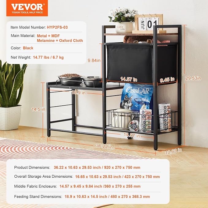 VEVOR Pet Feeding Station with Storage, 4 Height Adjustable Elevated Dog Bowl, Dog Bowls Stand with Toy Bin Basket, Raised Feeding Station Cabinet, Pet Storage Organizer for Large Medium Small Dogs