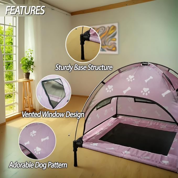 Elevated Covered Dog Bed - 36" x 36" x 30" - Dog Shade Canopy Lounger for Small & Large Dogs (Up to 110 lbs) - Portable & Durable - Cooling, UV & Water Resistant with Mesh Windows - Pastel Pink