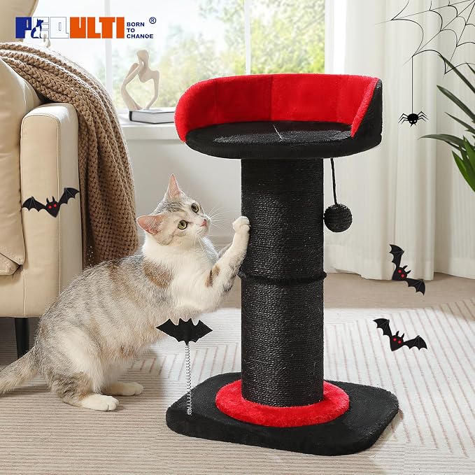 PEQULTI Cat Scratching Post, Gothic Cat Tree, Tall Scratcher for Indoor Cats with Super Thick Scratching Post [Dia=5.5''], Removable Spiderweb Pattern Cat Bed, Scratch Post with Spring Ball, Black