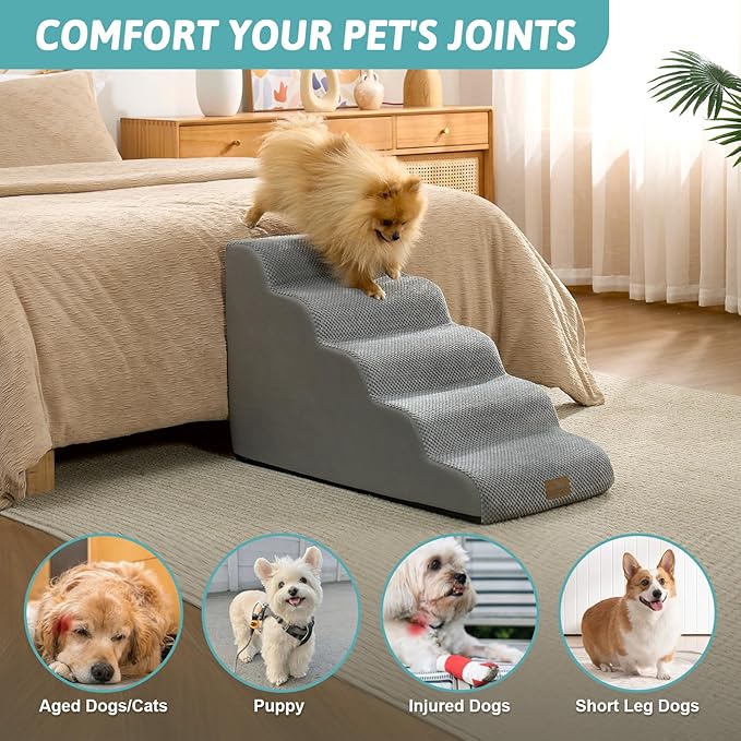 Dog Stairs for Small Dogs 19.7" H, 5-Step Sturdy Foam Dog Steps for Couch, Bed or Sofa, Curved Pet Stairs for Puppy and Older Cat, Doggie Ladder with Washable Cover, 15.7x33x19.7 inch, Gray
