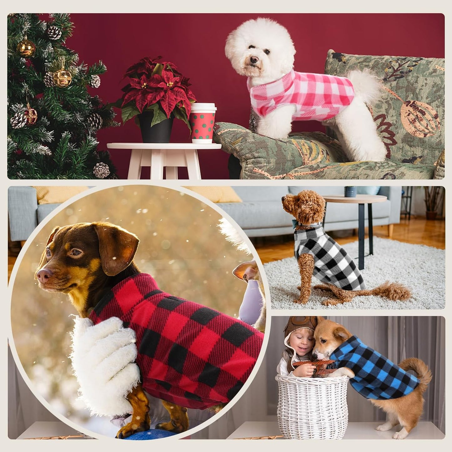 Kuoser 4 Pack Dog Fleece Vest,Warm Plaid Dog Sweater with Leash Hole,Soft Turtleneck Winter Pet Jacket Dogs Coat Pullover for Small Medium Dogs Cats,Spring Fall Cold Weather Christmas Outfit, XS