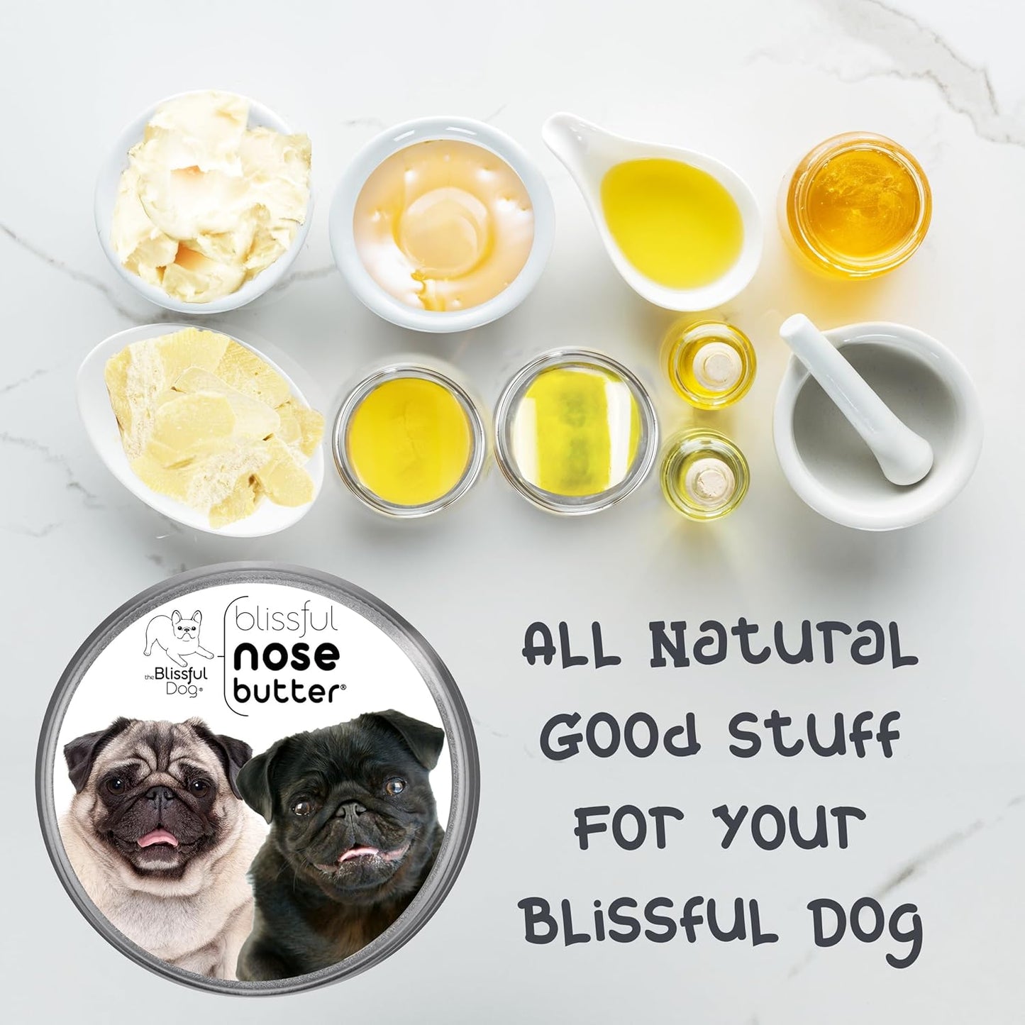 The Blissful Dog Pug Duo Nose Butter for Dry, Cracked Skin, Lick-Safe Dog Nose Balm with Moisturizing Shea Butter, Almond, Olive, and Essential Oils, Pet Supplies, Uncented, 1 oz.