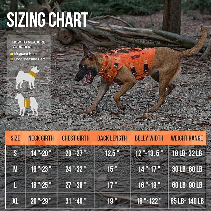 OneTigris Large Tactical Dog Harness, No Pulling Adjustable Dog Vest Harness, Heavy Duty Dog Harness with Handle, Large Hook and Loop Panels for Patch(Orange,M)