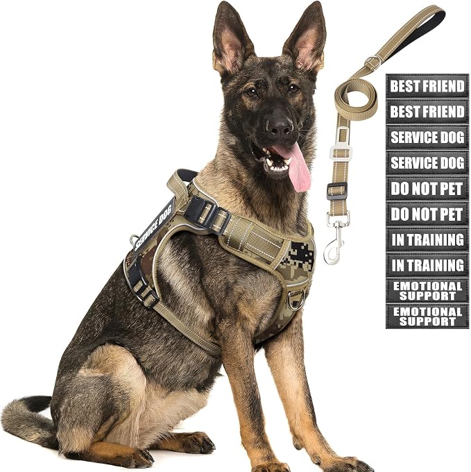 Tactical Dog Harness and Leash Set with 10 Patches for Large Dogs | Heavy Duty No Pull Service Animal Dog Vest with Dog Seat Belt ,Adjustable Reflective Easy Walk for Training Hiking Camo L