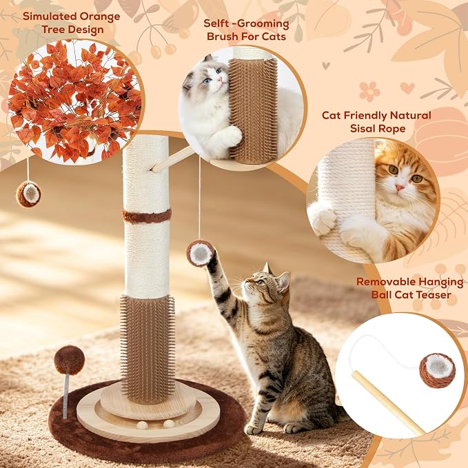 Cat Scratching Post, 46" Tall Scratcher Post for Indoor Adult Cats | Heavy Duty Scratching Post 100% Natural Sisal, Stable 3-Layer Wood Base, Hanging Ball and Track Toy for Indoor Adults Cats