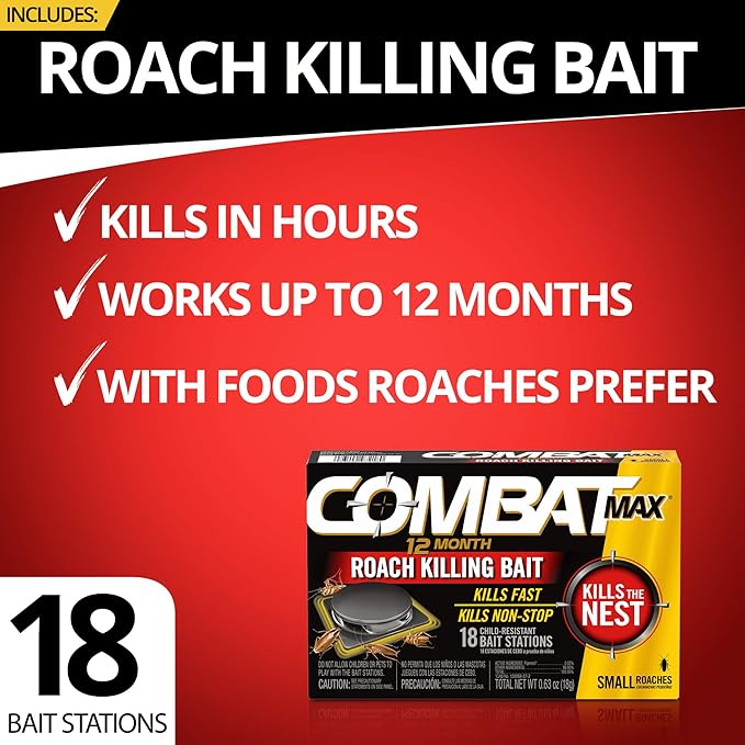 Combat Max 12 Month Roach Killing Bait, Small Roach Bait Station, 18 Count, Child-Resistant, Fast-Acting Fipronil Cockroach Killer & Nest Destroyer, No Vapor, Fumes or Odor, Mess-Free