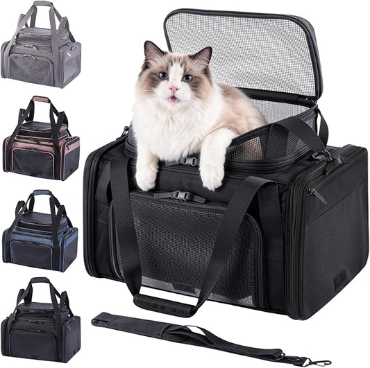 Cat Carrier Soft Sided, Expandable Pet Carrier for Medium Small Pets, Collapsible Travel Carrier with Hard Shell, 360° Panoramic Mesh, Washable Waterproof Pad | – 17.3×13.8×9.4 (Black)