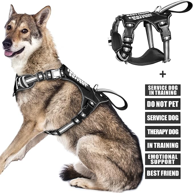 Service Dog Vest No Pull Dog Harness with 7 Dog Patches, Reflective Pet Harness with Durable Soft Padded Handle for Training Small, Medium, Large, and Extra-Large Dogs (X-Large, Black)
