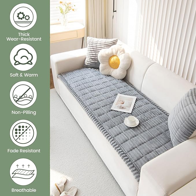 OTOB Sofa Covers for 3 Cushion Couch Washable, Fuzzy Non Slip Pet Friendly Couch Cover Protector Love Seat, All Seasons Soft Plush Furniture Bed Mats Sofa Slipcovers (Gray, 31.5" x 70.9'')
