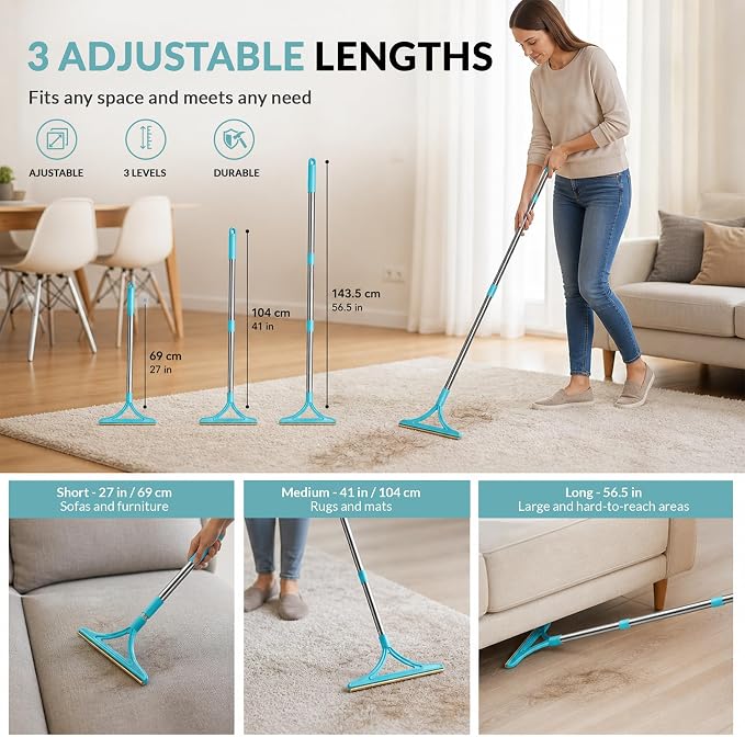 3 Pack Set Pet Hair Removal Tool – Reusable Carpet Rake Set with Long Handle, Dual-Sided Scraper & Detail Tool for Carpet, Furniture, Car & Embedded Dog & Cat Hair