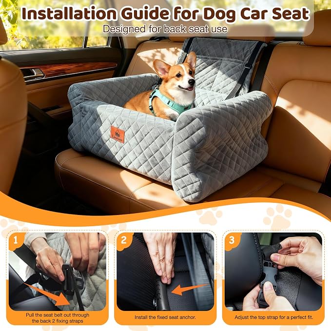 Dog Car Seat for Medium/Large Dogs up to 60 lbs, Pet Car Seat for Back, Memory Foam Dog Booster Seat with Thick Cushion, Detachable Washable Cover, Storage Pockets for SUV, Pick Up, Trunk, Grey