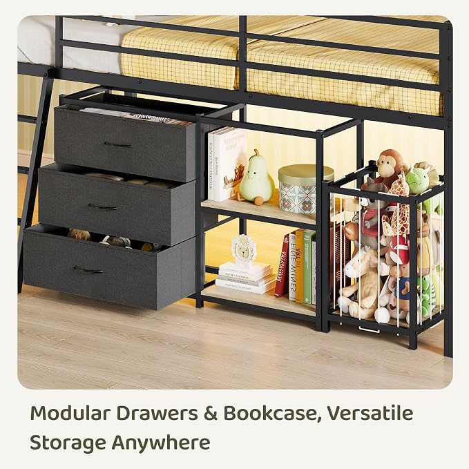 Bonnlo Low Loft Bed with 3 Drawers, 2-Tier Storage Shelf and Toy Storage Basket, Metal loft Bed Twin Size with LED Lights and Safety Guardrail for Kids (Black)