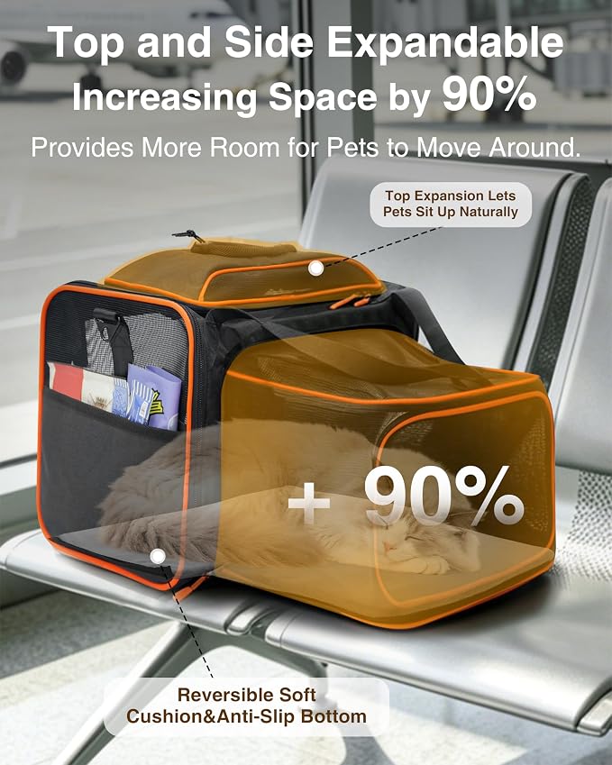Expandable Cat Carrier Bag,Airline Approved Expandable Soft-Sided Pet Carrier(16"x 11"x 11") with Removable Pad,for Cats 12lbs,(Black Orange).