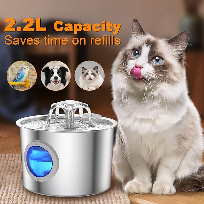 Premium Cat Water Fountain - Whisper-Quiet, 304 Stainless Steel, Smart Pump for Hydration Obsessed Cats | 74oz, 6 Filters Included (74oz Cat Fountain+6 Filters +6 Sponges)