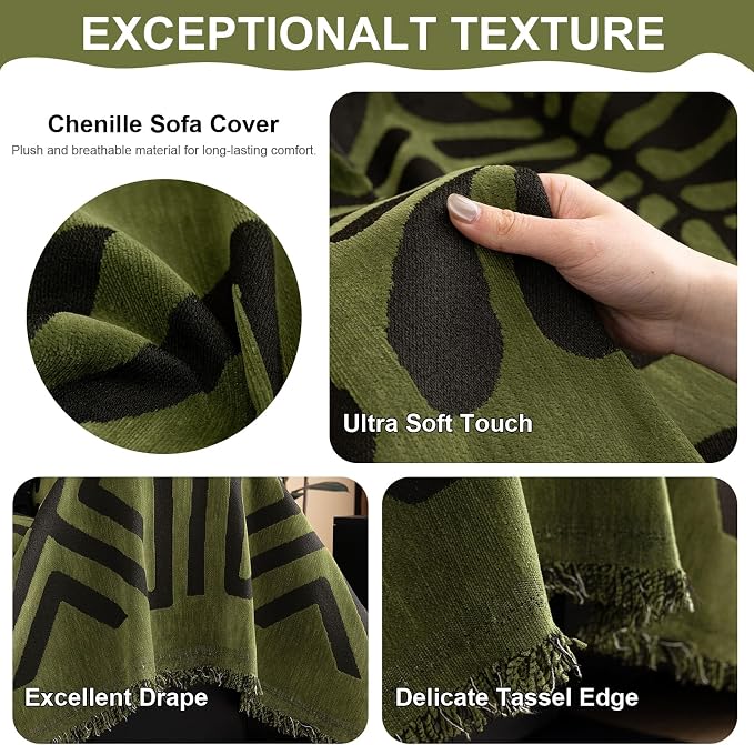VClife Bohemian Green and Black Couch Cover Western Aztec Sofa Cover for 2 Cushion Couch Sofa Washable Chenille Sofa Slipcover Boho Non Slip Geometric Couch Covers for Sectional Sofa 71''x118''