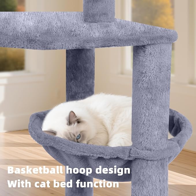 TWDEPART 55" All-in-One Cat Tree Tower with Scratching Board & Posts Cozy Sleeping Perch Hammock and Toy Balls,Grey