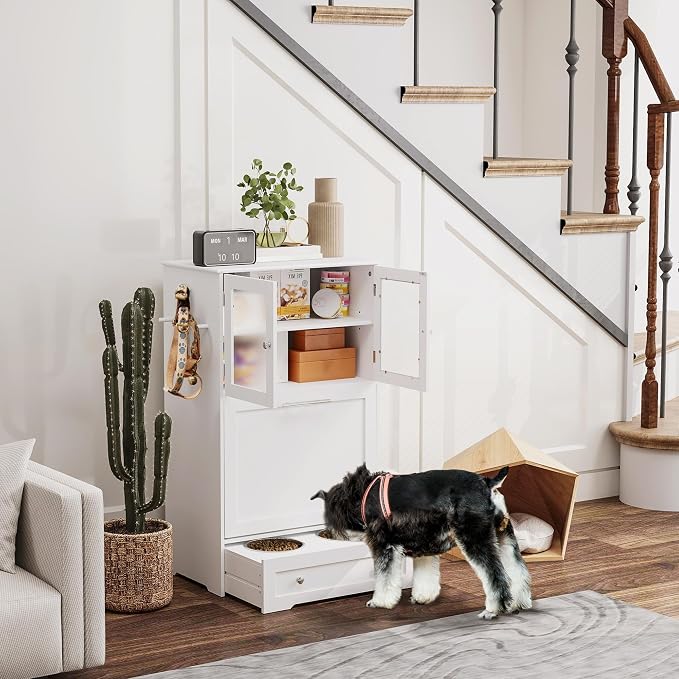PawHut Dog Feeding Station, 2 Storage Cabinets, Elevated Dog Bowls, White | Side Hooks, Anti-tip Kit, Hidden Pet Feeder Station for Feeding & Watering