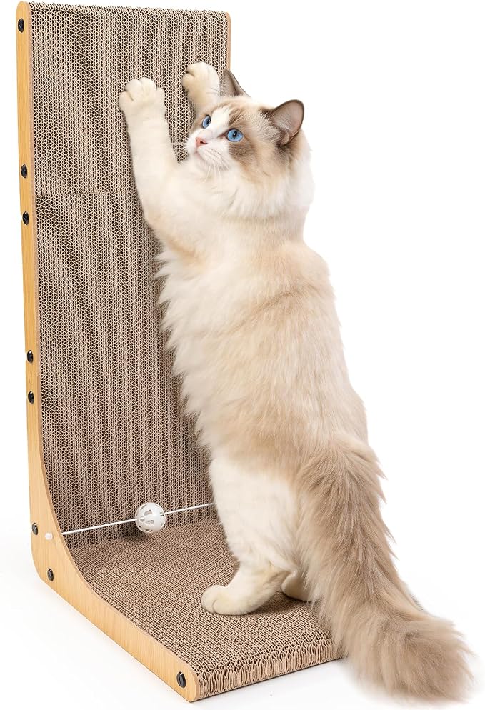 26.8 Inch Cat Scratching Post, Premium High Density Cardboard Cat Scratcher, Reinforced Durable Scratching Pad with Catnip Toy Ball for Indoor Cats