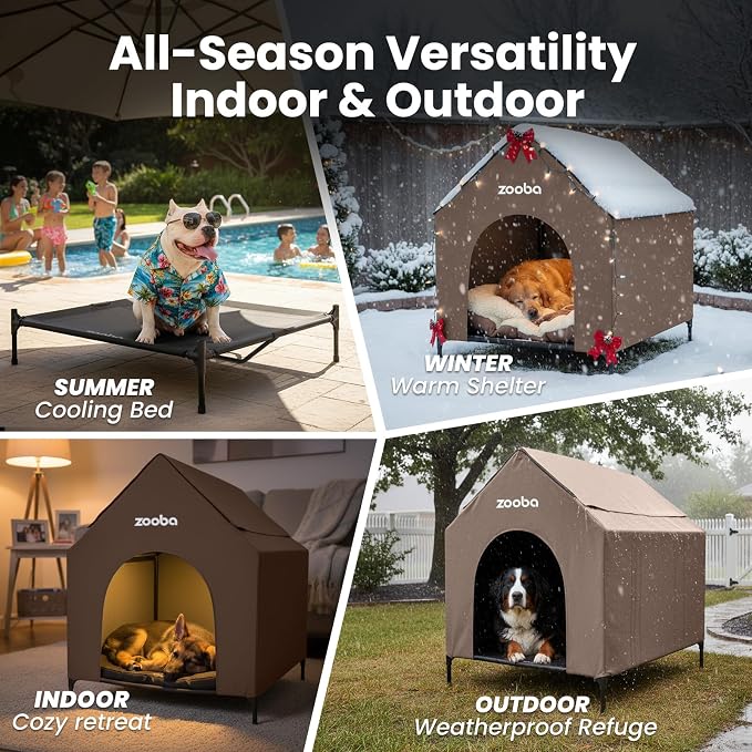 Zooba 36in Large Dog House Outdoor, Elevated Dog Bed with Canopy, Brown | Weather-resistant 600D PVC canopy, breathable 2x1 Textilene elevated bed, steel frame; indoor or outdoor; easy to clean