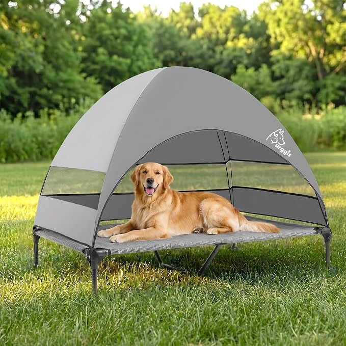 Elevated Outdoor Dog Bed with Canopy Raised Dog Cot with Shade Large Dog | Outdoor Dog Bed with Removable Wider Shade & Stable Anti-Slip Feet for Camping Raised Dogs Cot for Large Pets, Dark Gray