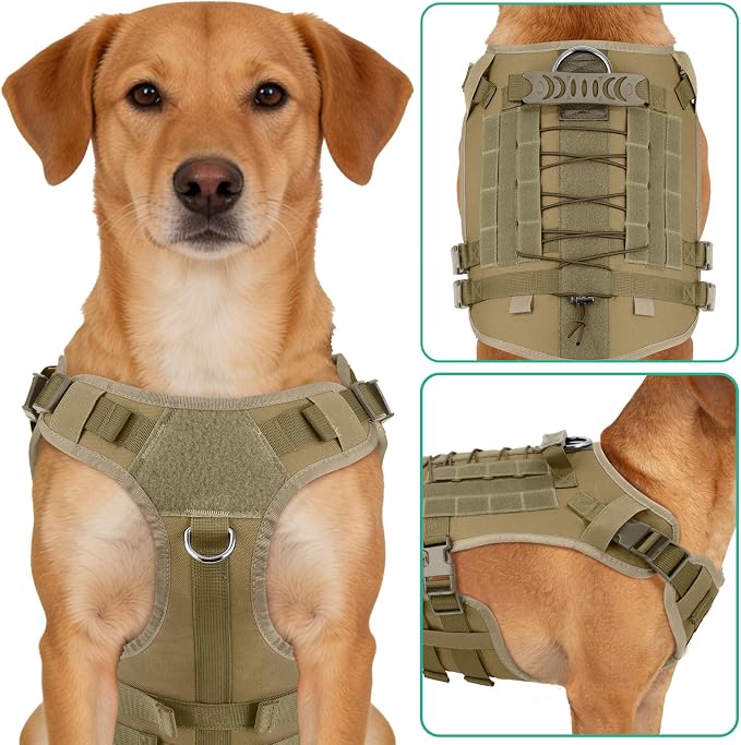 YooxArmor No Pull Dog Harness and Leash Set, Tactical Adjustable for Small Sized Dog, Easy Walk Soft Vest Padded Oxford for Training Hiking (Khaki-S)