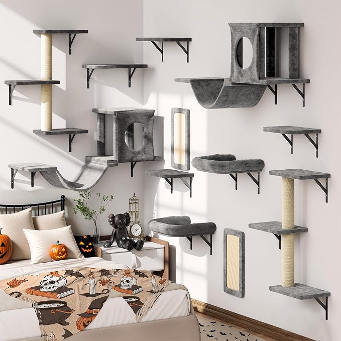 12-in-1 Cat Wall Shelves, Luxury Wall-Mounted Cat Climber Set with Condos House, Scratching Post, Bridge Ladder, Indoor Space-Saving Furniture for Kittens, Dark Gray