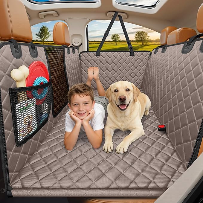 URPOWER Backseat Extender for Dogs - Hard Bottom Dog Car Seat Cover for Back Seat, Dog Hammock for Car and SUV, Pet Rear Seat Protector Dogs Travel Bed with Mesh Window & Side Flaps
