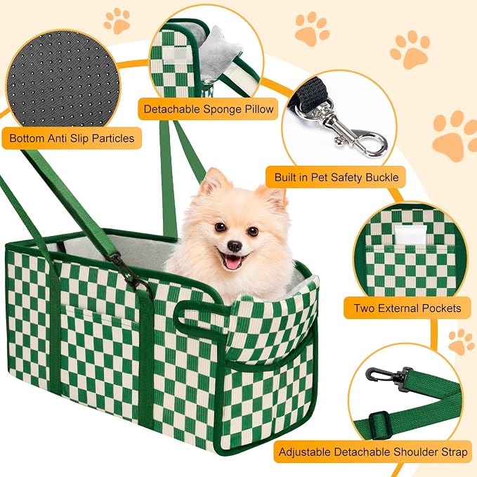 Console Dog Car Seat for Small Dogs, Foldable Booster Seat, Green Checkered | Portable Booster Seat Sits On Car Console/ Armrest. Foldable for Easy Storage. for Center Console, Easy To Clean.