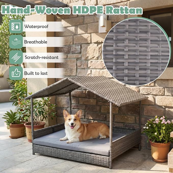 Outdoor Wicker Dog Bed with Canopy, Indoor HDPE Rattan Dog House, Raised Dog Cot Pet House, Elevated Pets Sofa w/Washable Cover, Waterproof Roof Shelter, Removable Cushion Lounge