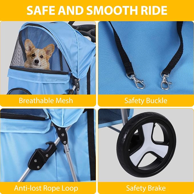 3 Wheels Dog Stroller Folding Pet Strolling Cart for Small Medium Cats Puppies Portable Jogger Travel Camping Puppy Carrier with Storage Basket Cup Holder, Blue